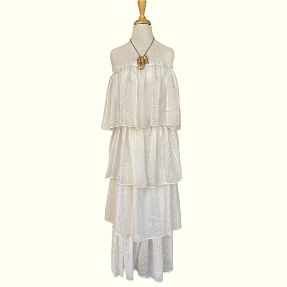 Vtg Handmade Ivory Tiered Ruffled Maxi Dress Sz M Boho Resort Strapless Cottage - Picture 1 of 6